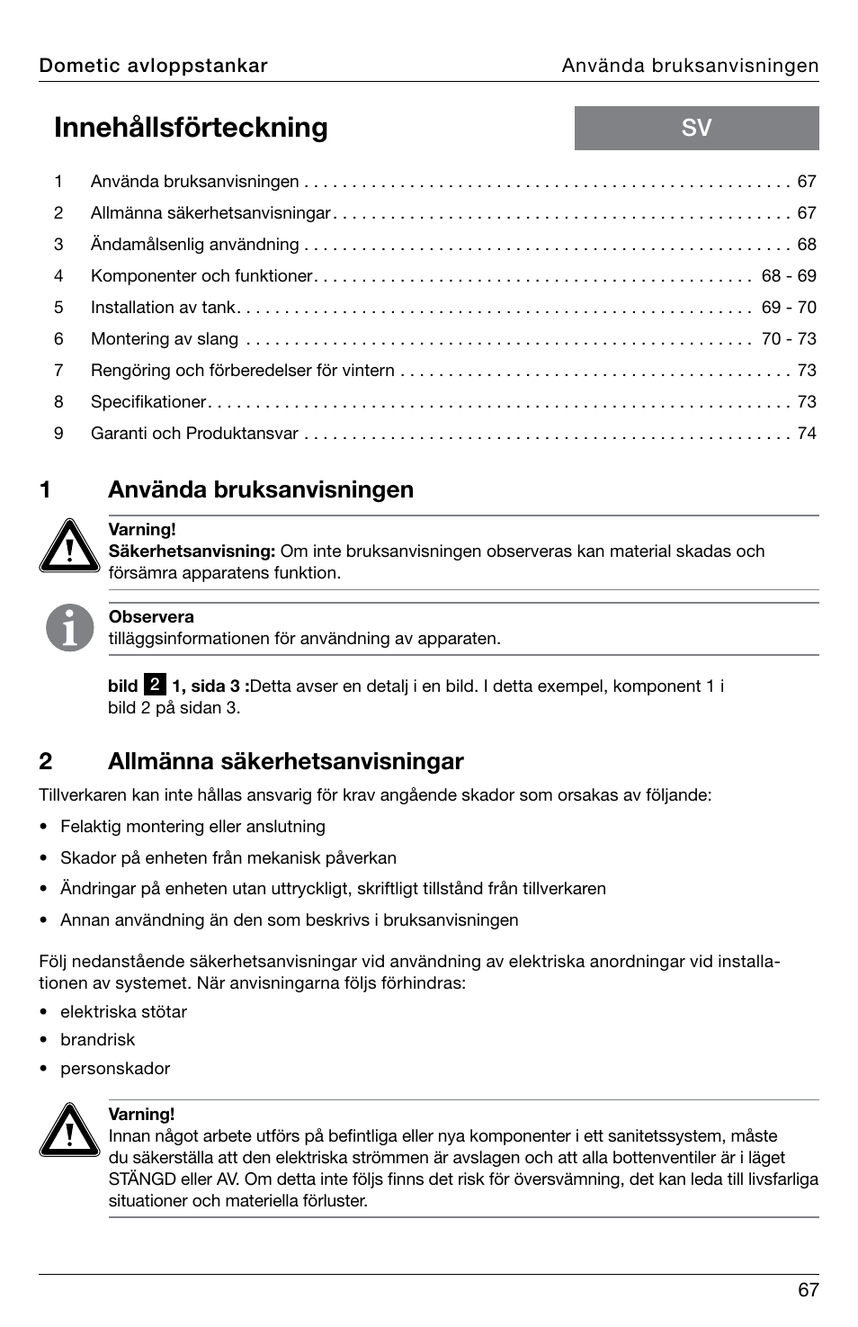 Innehållsförteckning, 1använda bruksanvisningen, 2allmänna säkerhetsanvisningar | SeaLand DHT-L Series Holding Tank User Manual | Page 67 / 92
