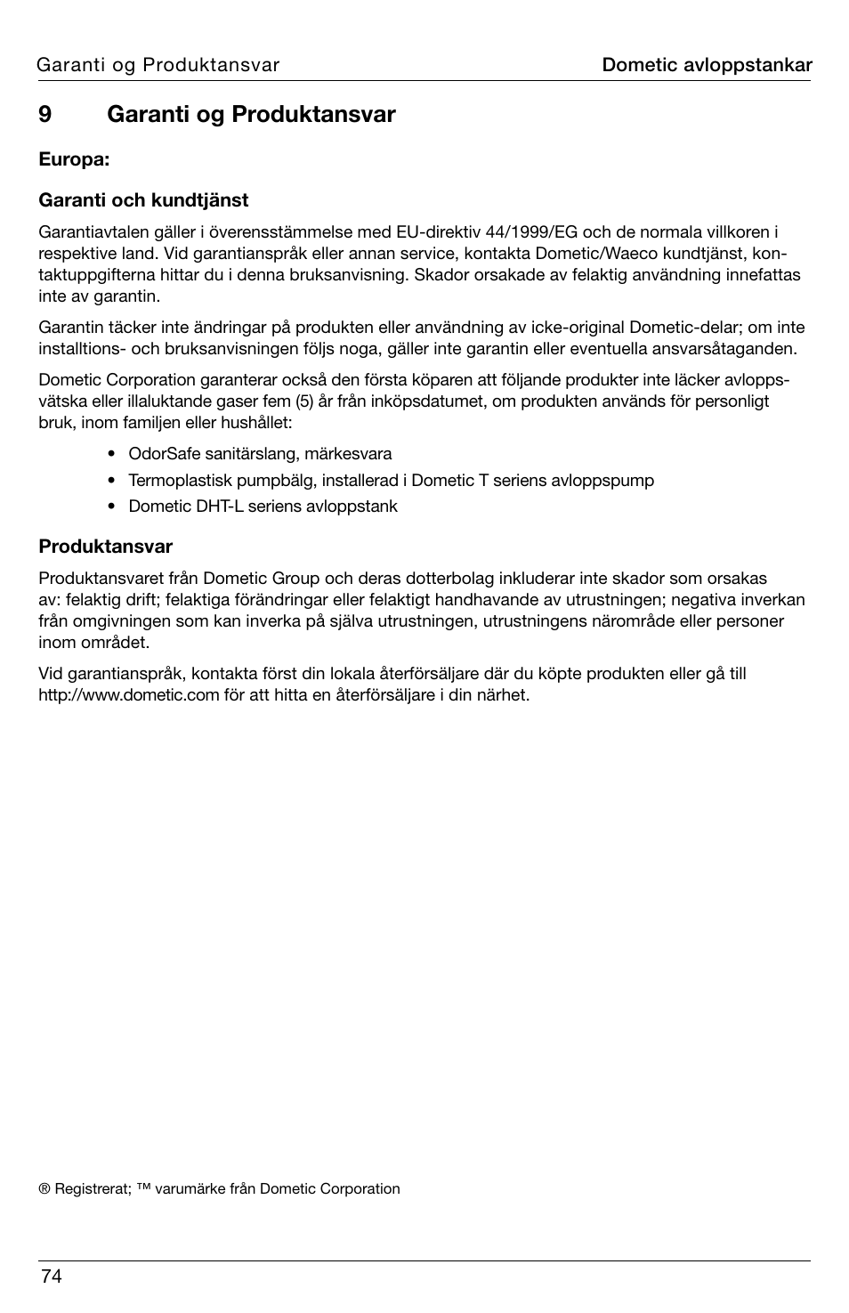 9garanti og produktansvar | SeaLand DHT-L Series Holding Tank User Manual | Page 74 / 92