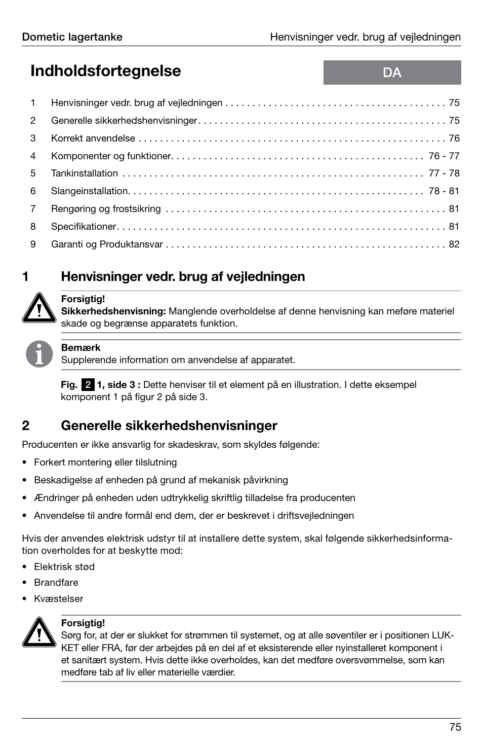 Indholdsfortegnelse, 1henvisninger vedr. brug af vejledningen, 2generelle sikkerhedshenvisninger | SeaLand DHT-L Series Holding Tank User Manual | Page 75 / 92