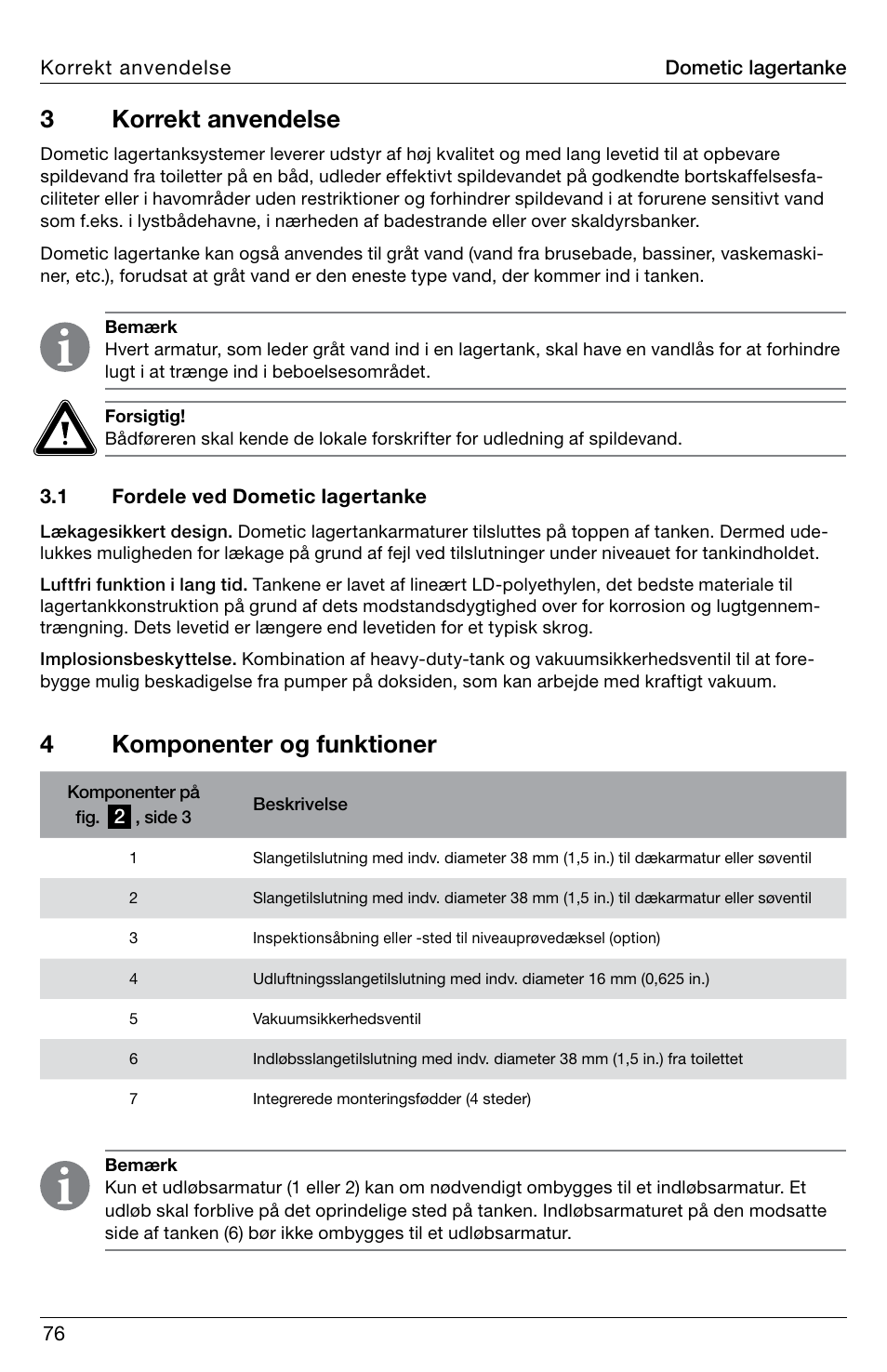 3korrekt anvendelse, 4komponenter og funktioner | SeaLand DHT-L Series Holding Tank User Manual | Page 76 / 92