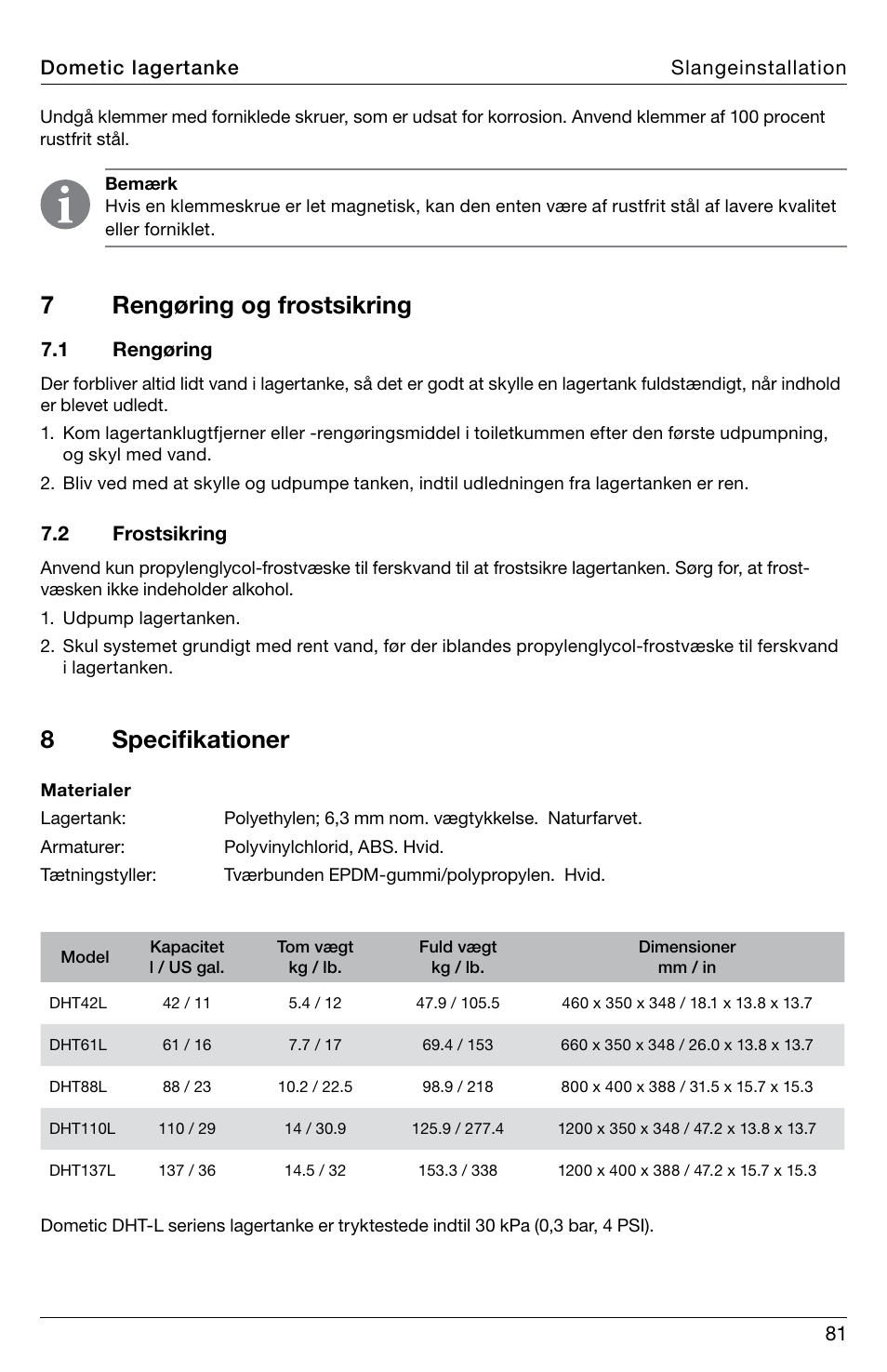 7rengøring og frostsikring 8 specifikationer | SeaLand DHT-L Series Holding Tank User Manual | Page 81 / 92