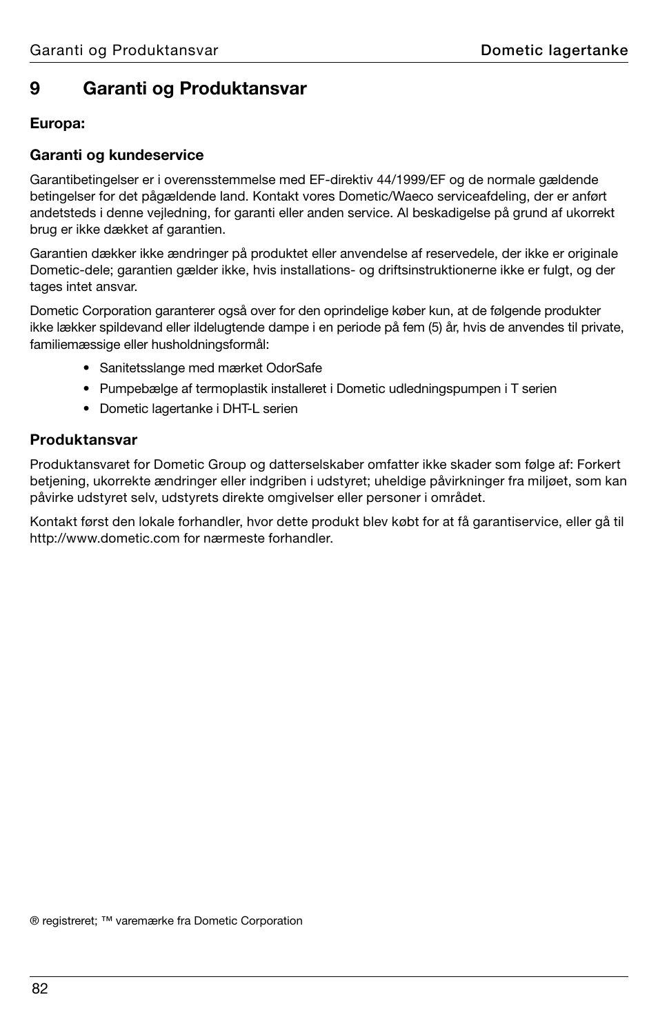 9garanti og produktansvar | SeaLand DHT-L Series Holding Tank User Manual | Page 82 / 92