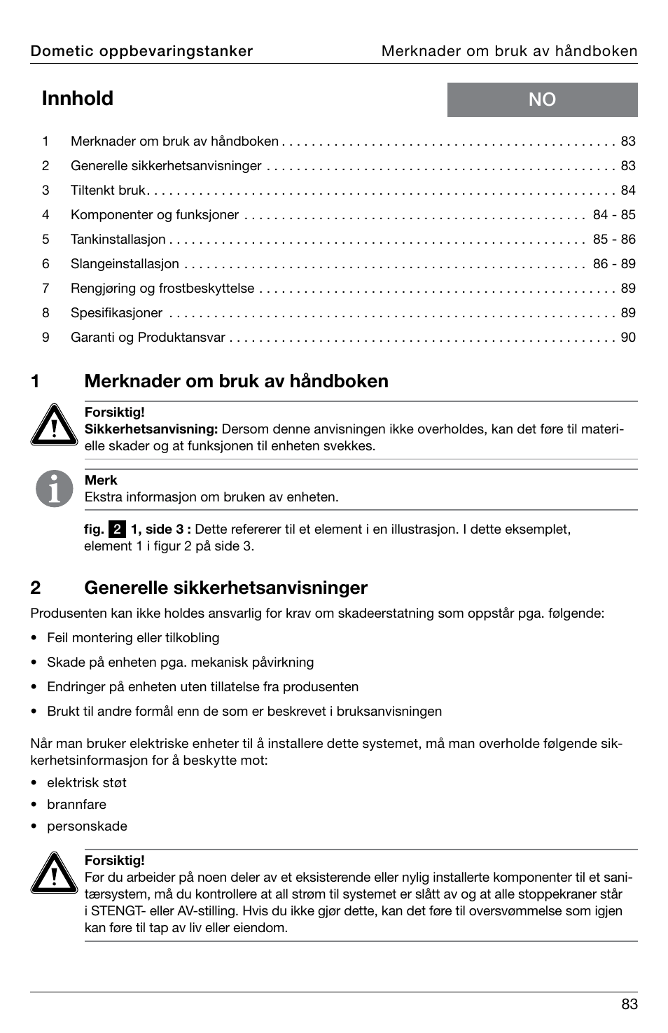 Innhold, 1merknader om bruk av håndboken, 2generelle sikkerhetsanvisninger | SeaLand DHT-L Series Holding Tank User Manual | Page 83 / 92