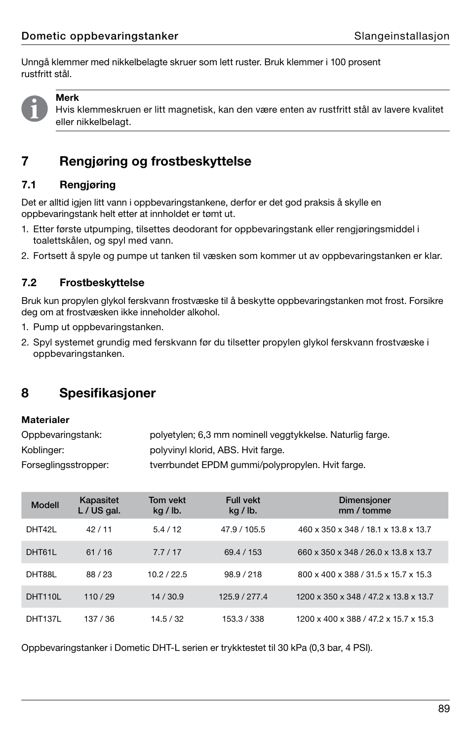 7rengjøring og frostbeskyttelse 8 spesifikasjoner | SeaLand DHT-L Series Holding Tank User Manual | Page 89 / 92