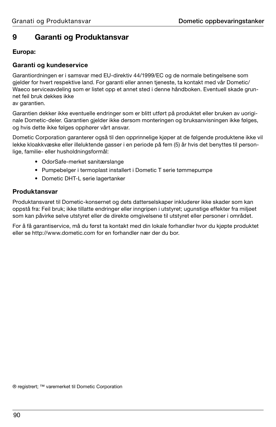9garanti og produktansvar | SeaLand DHT-L Series Holding Tank User Manual | Page 90 / 92