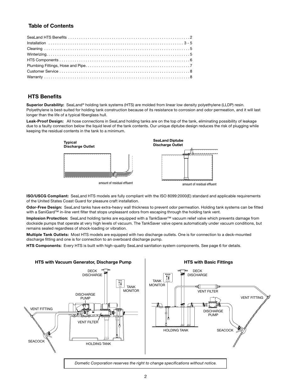 Hts benefits, Hts benefits table of contents | SeaLand HTS-Basic series (with fittings only) User Manual | Page 2 / 8