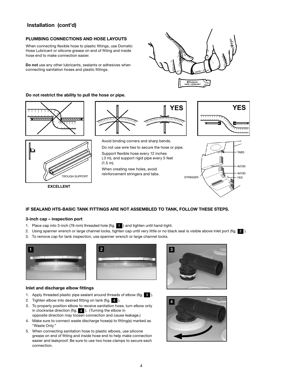 Plumbing connections and hose layouts, Hts-basic tank fittings assembly, Installation (cont’d) | SeaLand HTS-Basic series (with fittings only) User Manual | Page 4 / 8