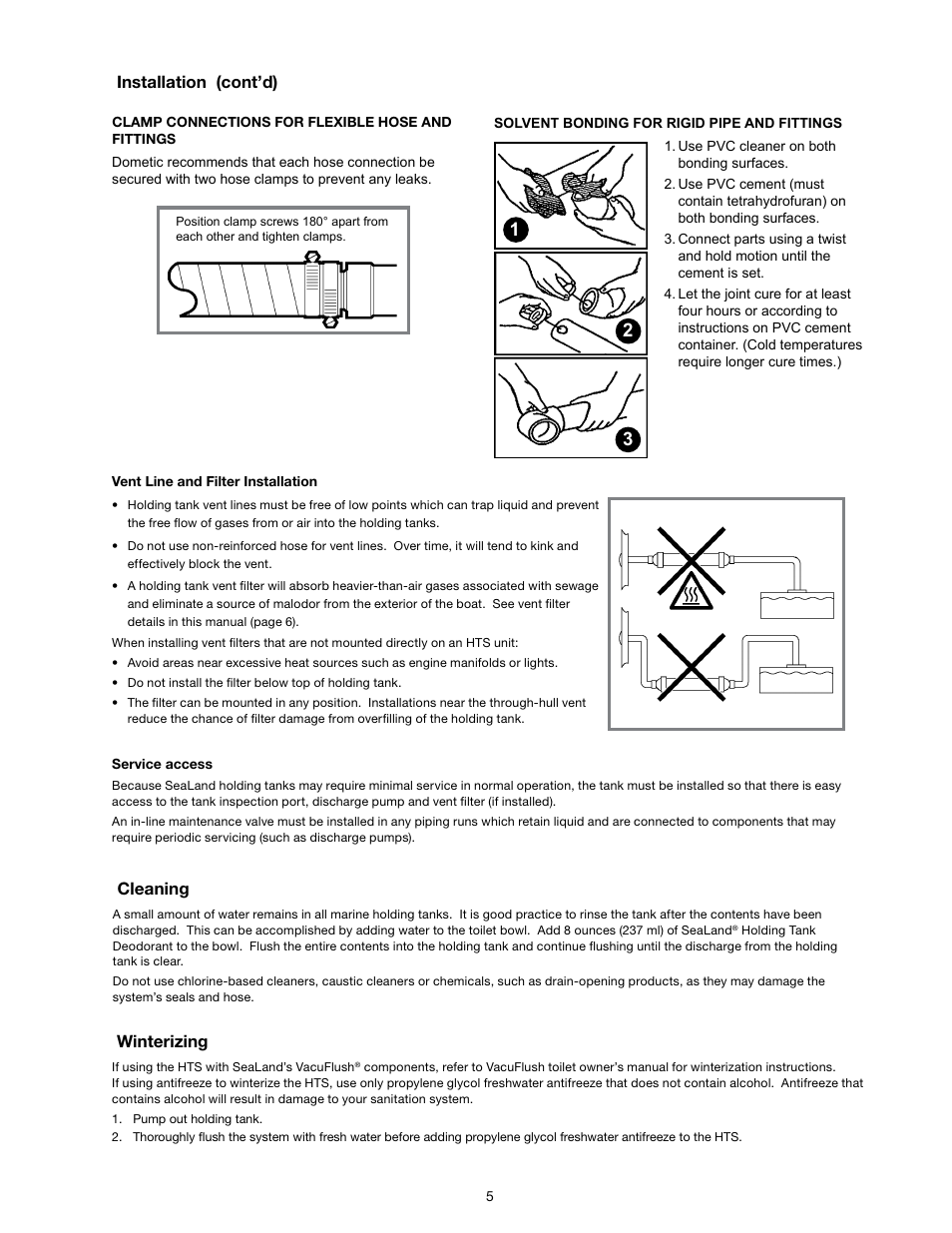 Clamp connections for flexible hose and fittings, Solvent bonding for rigid pipe and fittings, Vent line and filter installation | Service access, Cleaning, Winterizing, Installation (cont’d) winterizing | SeaLand HTS-Basic series (with fittings only) User Manual | Page 5 / 8