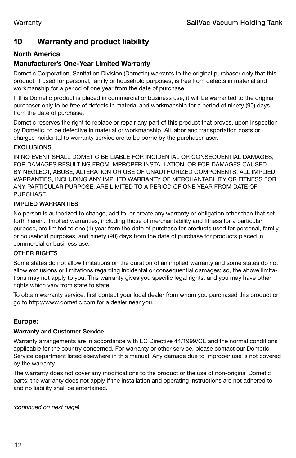Warranty, 10 warranty and product liability | SeaLand SailVac VHT 5200 User Manual | Page 12 / 16