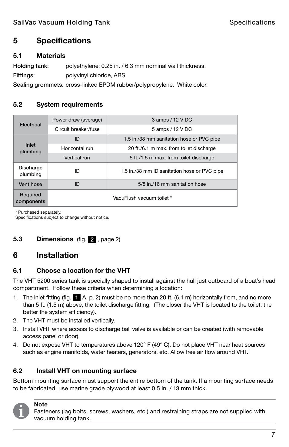 Specifications, Installation, 5 specifications | 6 installation | SeaLand SailVac VHT 5200 User Manual | Page 7 / 16
