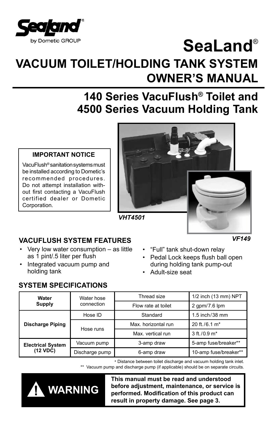 SeaLand VHT 4500 Holding Tank - 140 Series VacuFlush Toilet User Manual | 16 pages