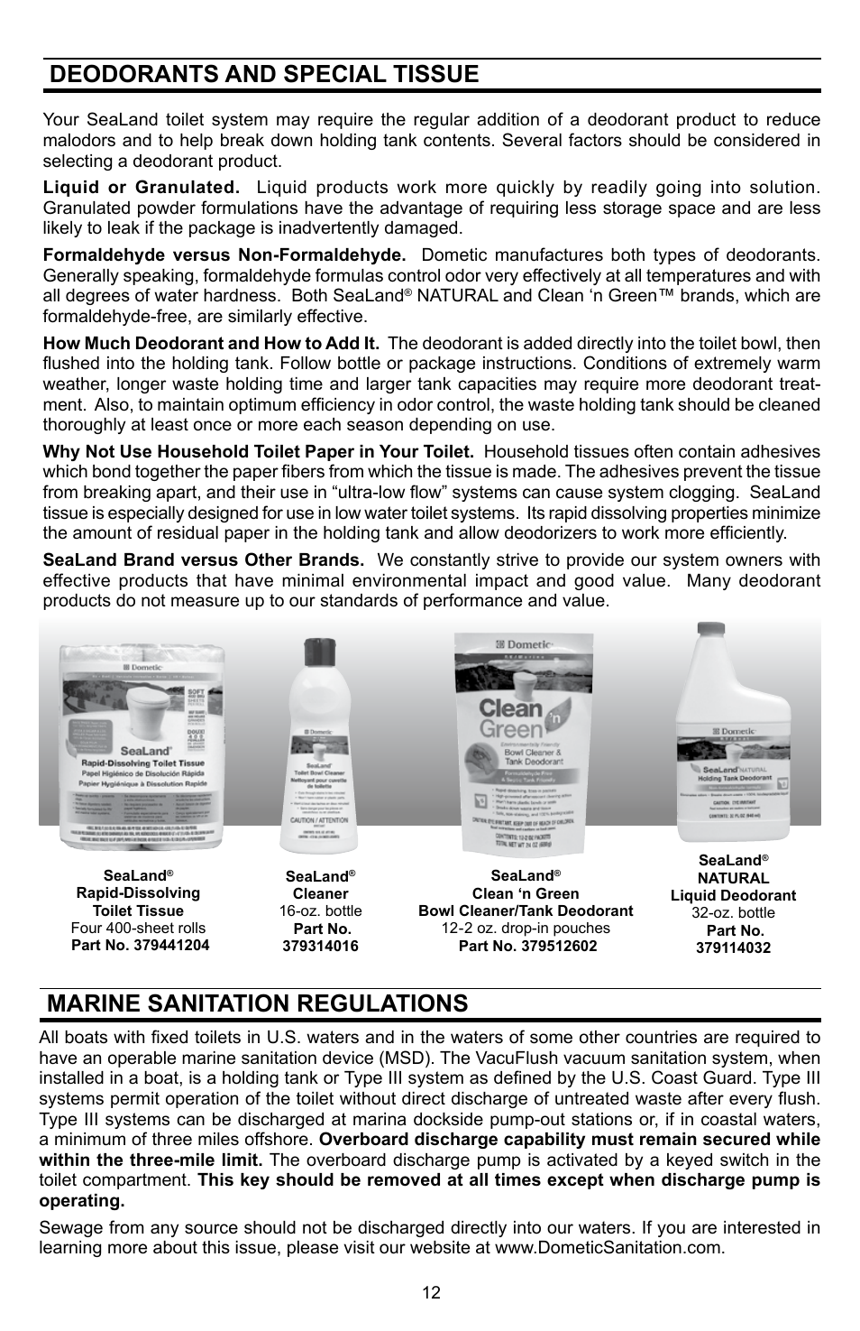 Deodorants and special tissue, Marine sanitation regulations | SeaLand VHT 4500 Holding Tank - 140 Series VacuFlush Toilet User Manual | Page 12 / 16