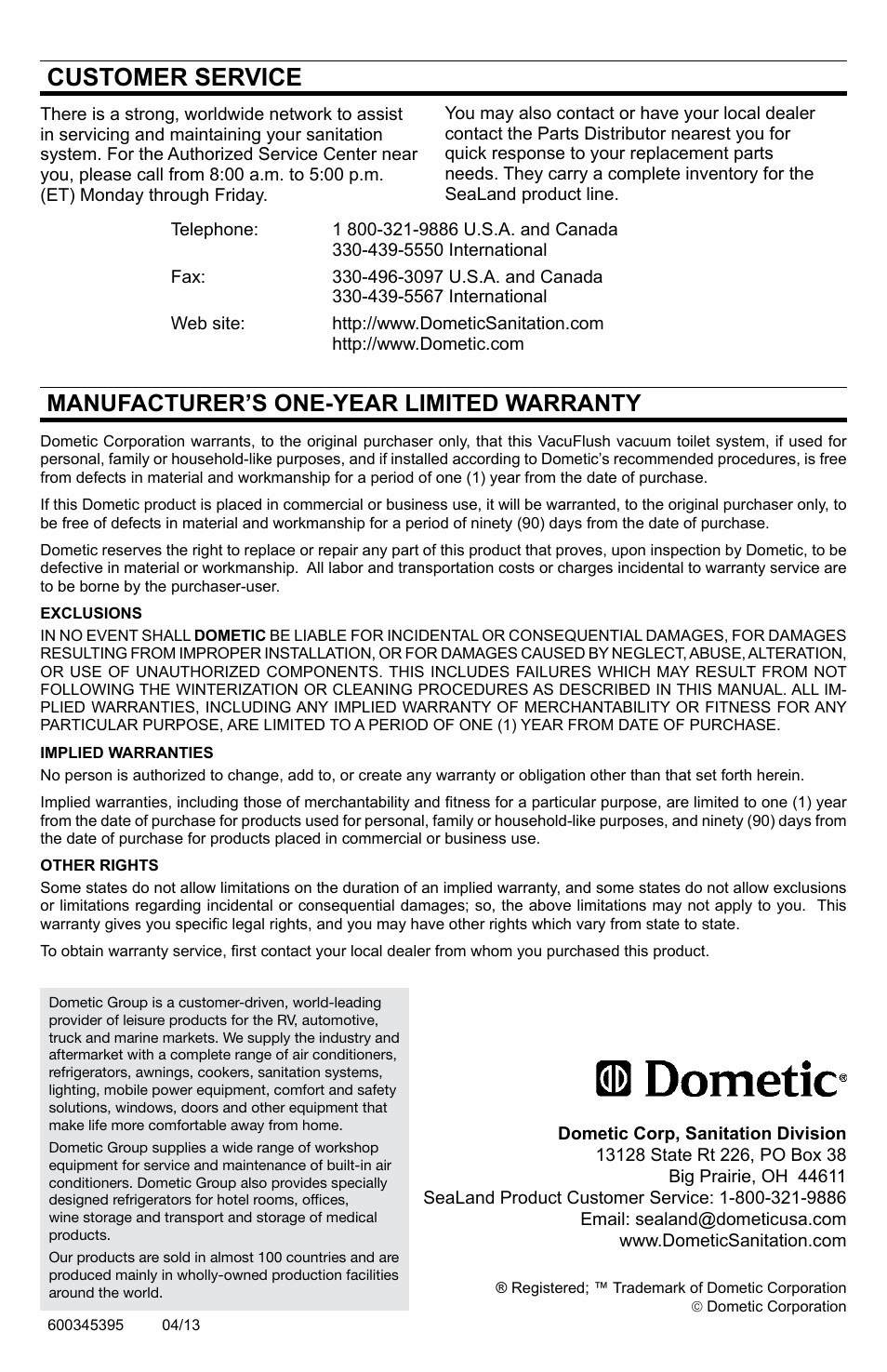 Customer service, Limited warranty, Manufacturer’s one-year limited warranty | SeaLand VHT 4500 Holding Tank - 140 Series VacuFlush Toilet User Manual | Page 16 / 16