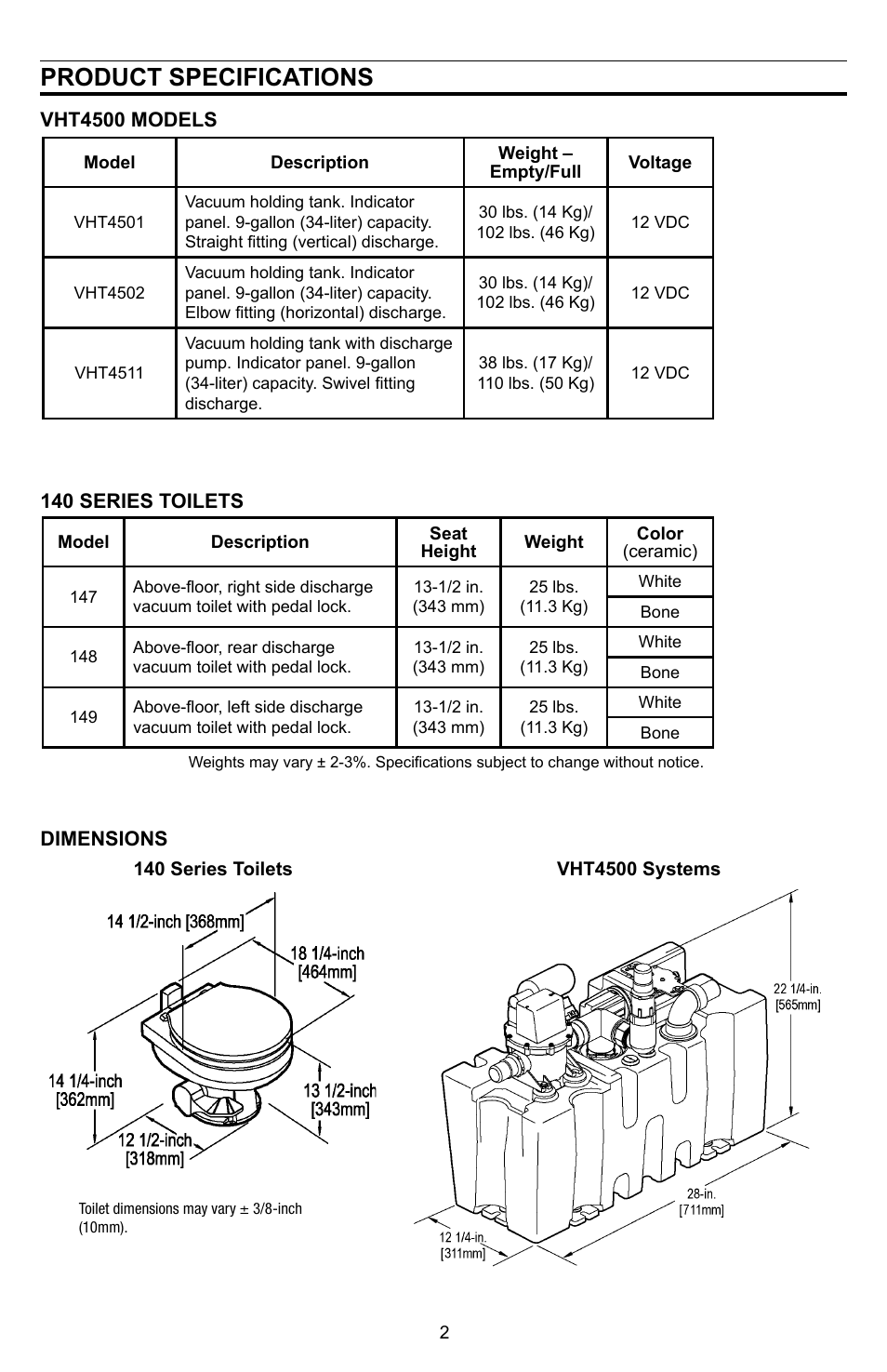 Product specifications | SeaLand VHT 4500 Holding Tank - 140 Series VacuFlush Toilet User Manual | Page 2 / 16