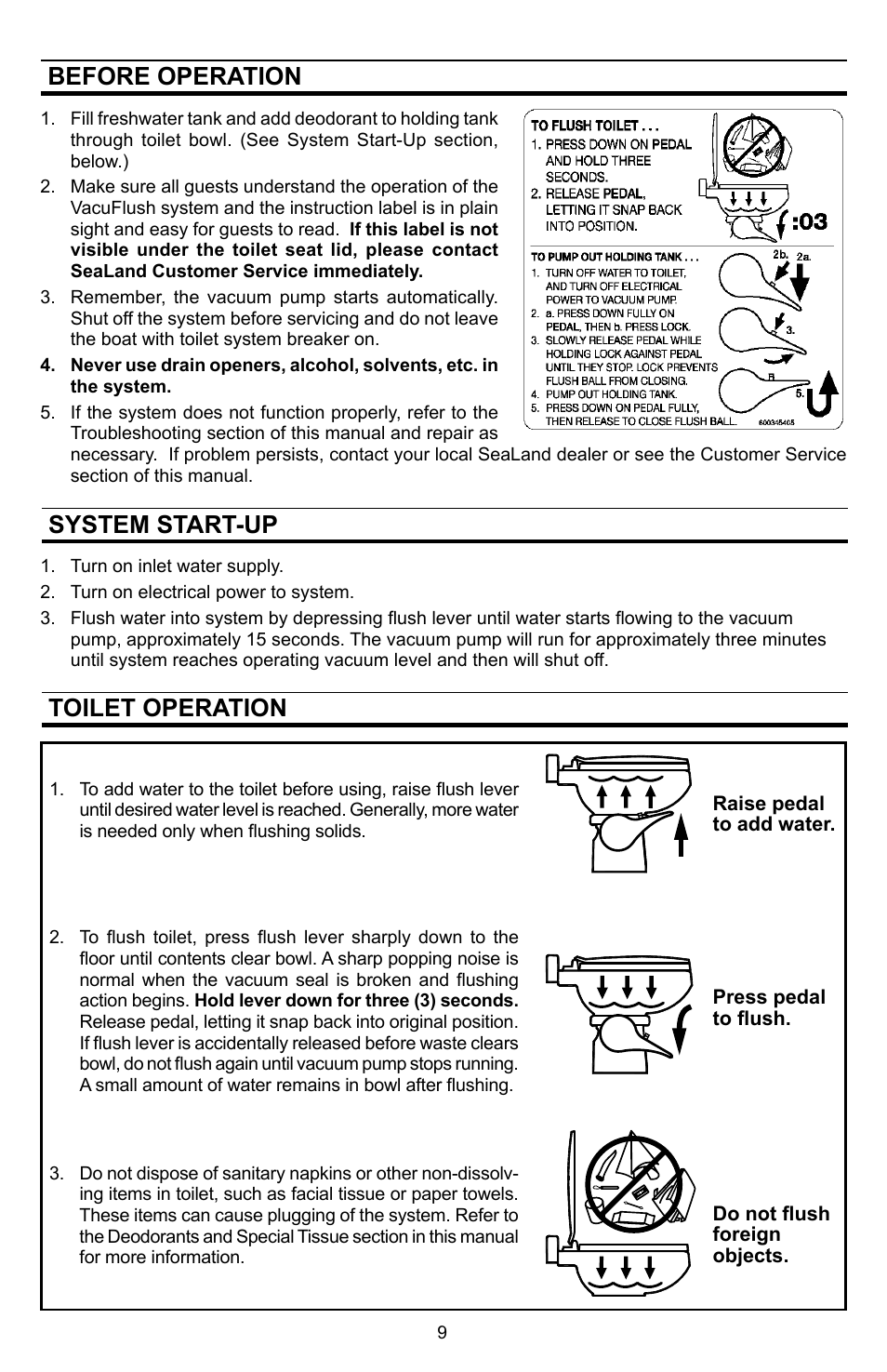 Before operation, System start-up, Toilet operation | Before operation system start-up | SeaLand VHT 4500 Holding Tank - 140 Series VacuFlush Toilet User Manual | Page 9 / 16