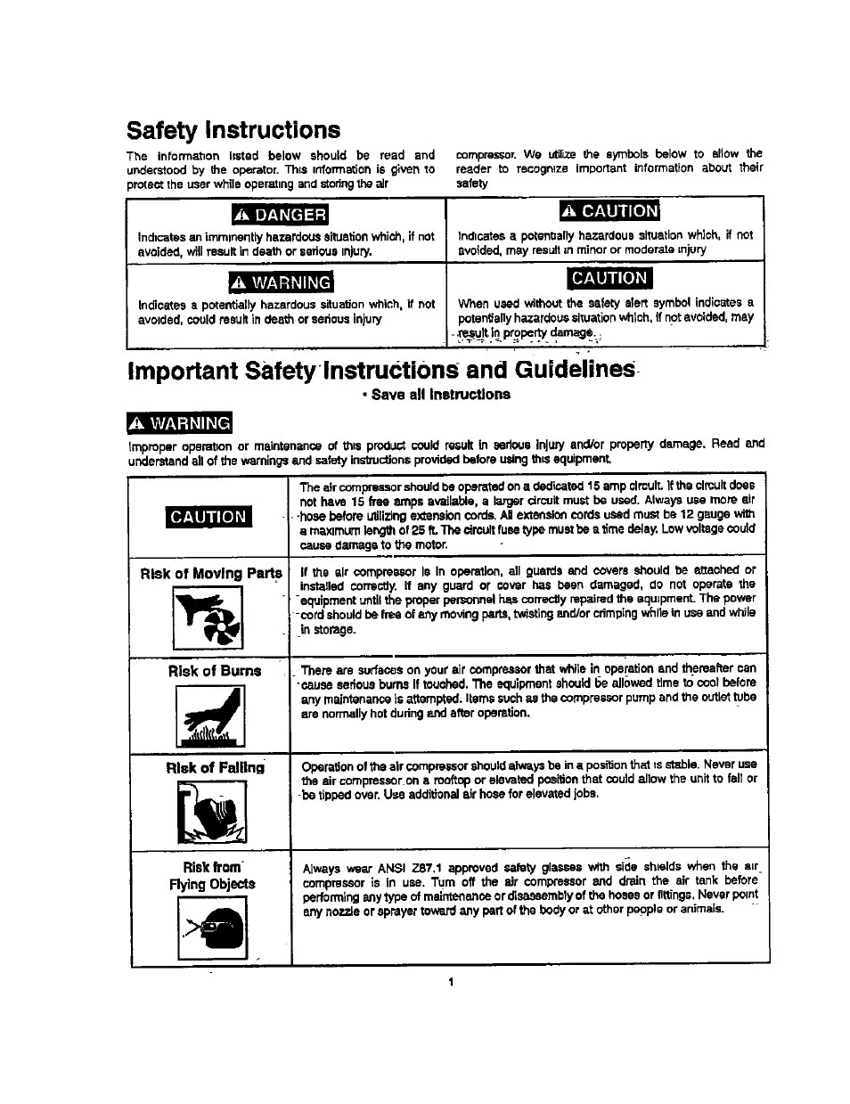 A danger, Risk of moving parts, Risk of burns | Risk of falling, Safety instructions, Important safety instructions and guidelines | Craftsman 921.153101 User Manual | Page 3 / 11