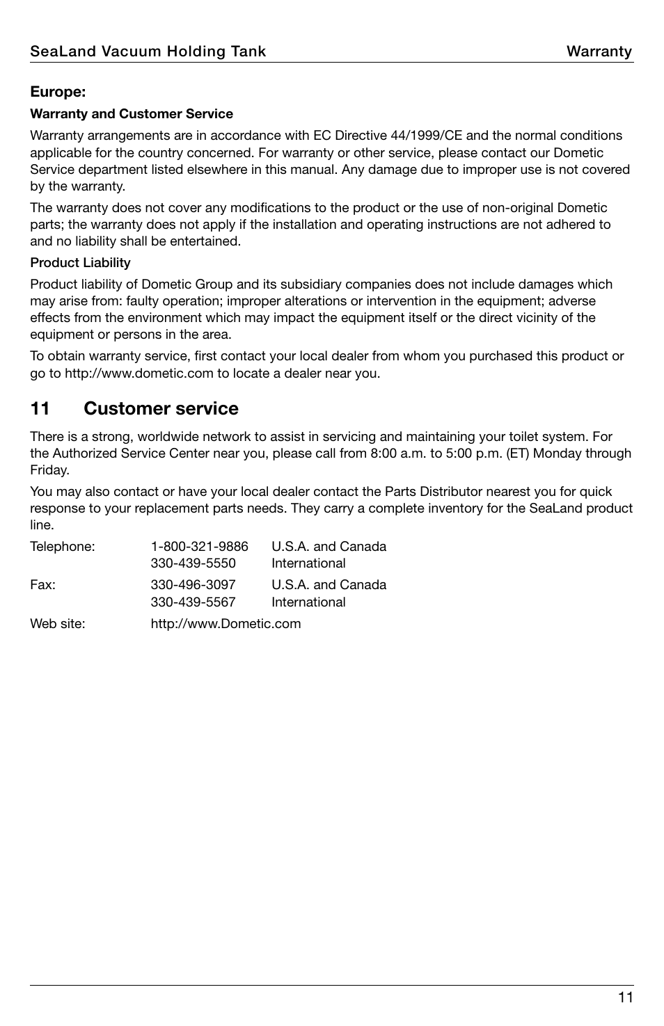 Customer service, 11 customer service | SeaLand VHT Vacuum Holding Tank User Manual | Page 11 / 12