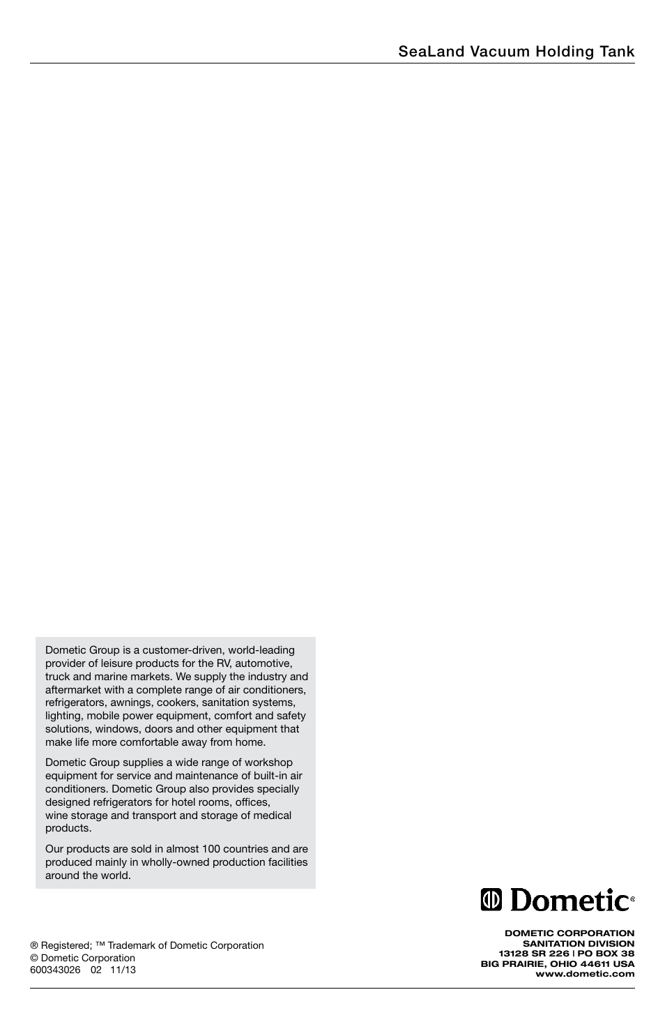 Sealand vacuum holding tank | SeaLand VHT Vacuum Holding Tank User Manual | Page 12 / 12