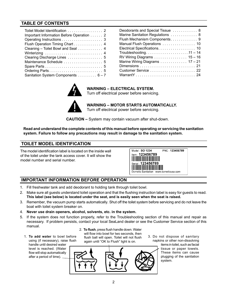 SeaLand VacuFlush 3400 Series Toilets User Manual | Page 2 / 24