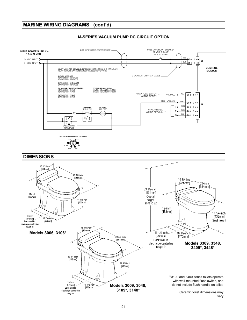 Dimensions, Marine wiring diagrams (cont’d) | SeaLand VacuFlush 3400 Series Toilets User Manual | Page 21 / 24