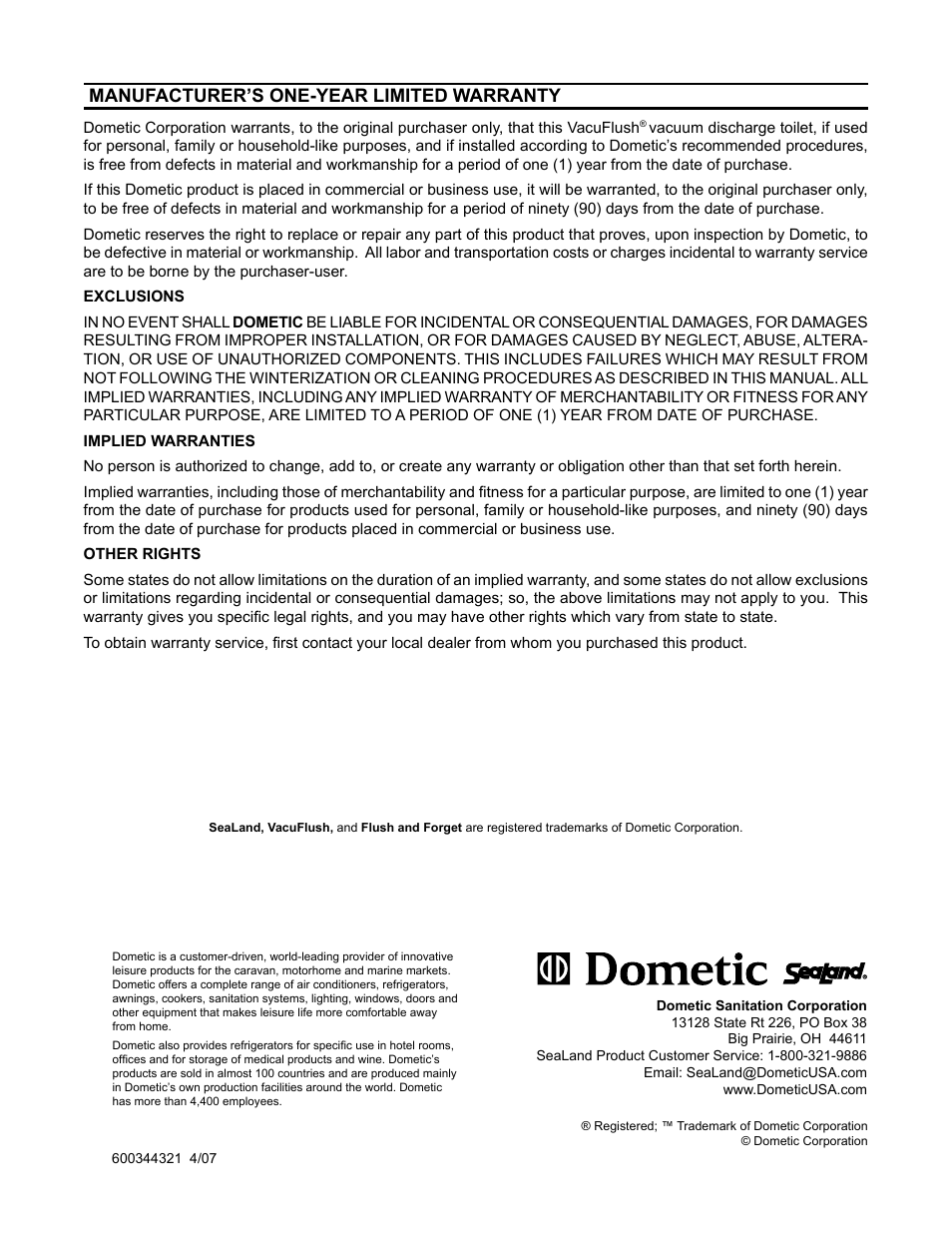 Warranty, Manufacturer’s one-year limited warranty | SeaLand VacuFlush 3400 Series Toilets User Manual | Page 24 / 24