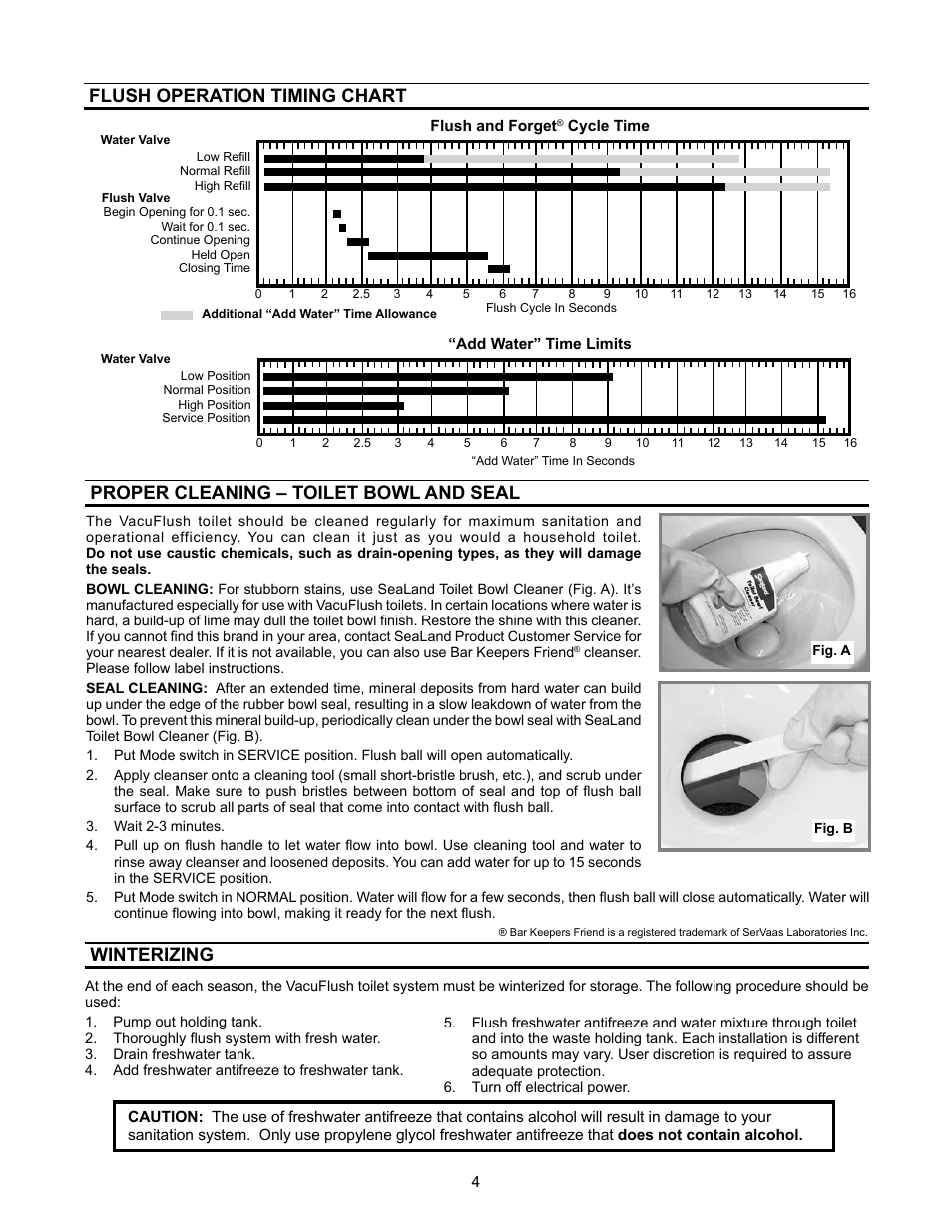 Flush operation timing chart, Proper cleaning - toilet bowl and seal, Winterizing | Flush operation timing chart winterizing, Proper cleaning – toilet bowl and seal | SeaLand VacuFlush 3400 Series Toilets User Manual | Page 4 / 24