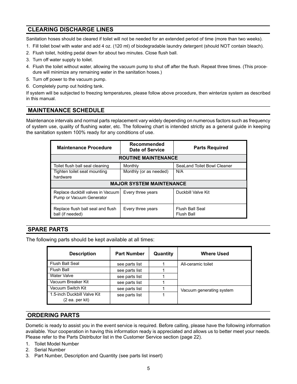 Clearing discharge lines, Maintenance schedule, Spare parts | Ordering parts | SeaLand VacuFlush 3400 Series Toilets User Manual | Page 5 / 24