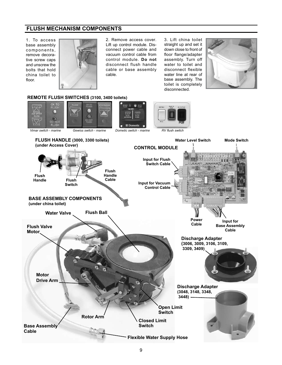 Flush mechanism components | SeaLand VacuFlush 3400 Series Toilets User Manual | Page 9 / 24