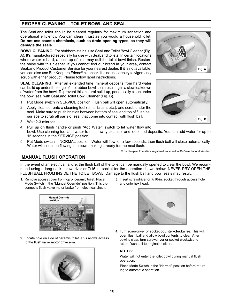 Proper cleaning and maintenance, Manual flush operation, Proper cleaning – toilet bowl and seal | SeaLand 3400 Series All-Ceramic Toilets User Manual | Page 10 / 20