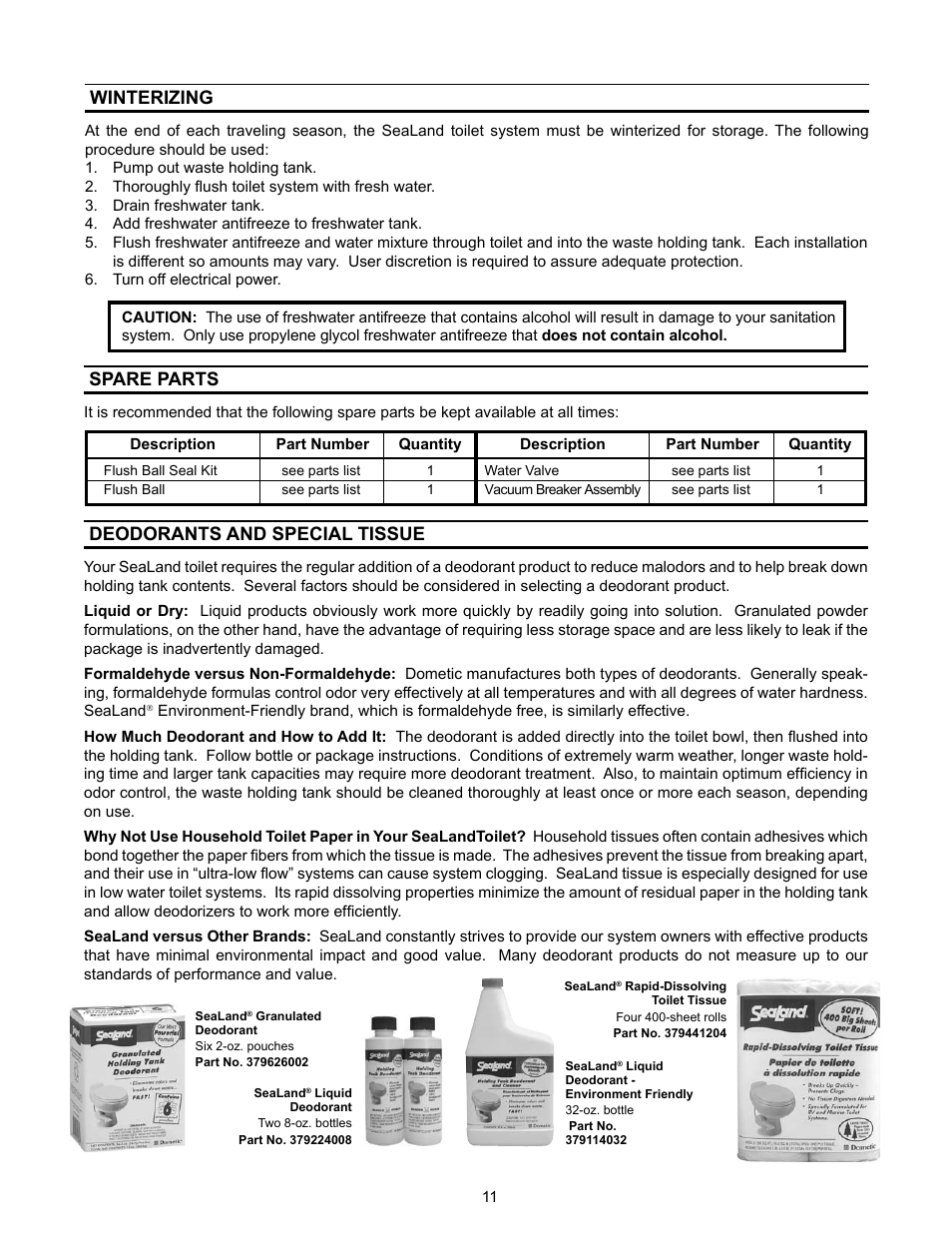 Winterizing, Deodorants and special tissue, Spare parts | SeaLand 3400 Series All-Ceramic Toilets User Manual | Page 11 / 20