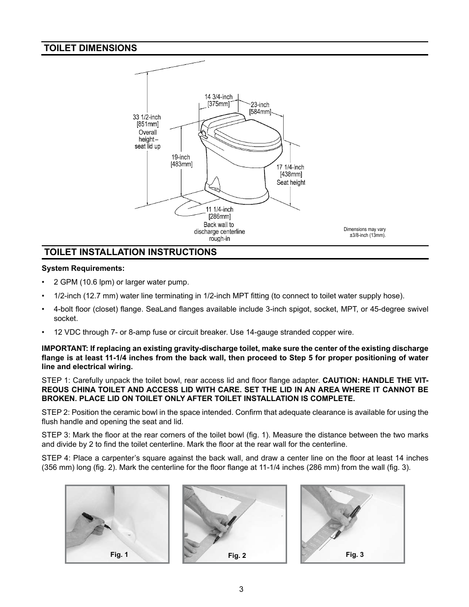 Dimensions, Installation | SeaLand 3400 Series All-Ceramic Toilets User Manual | Page 3 / 20