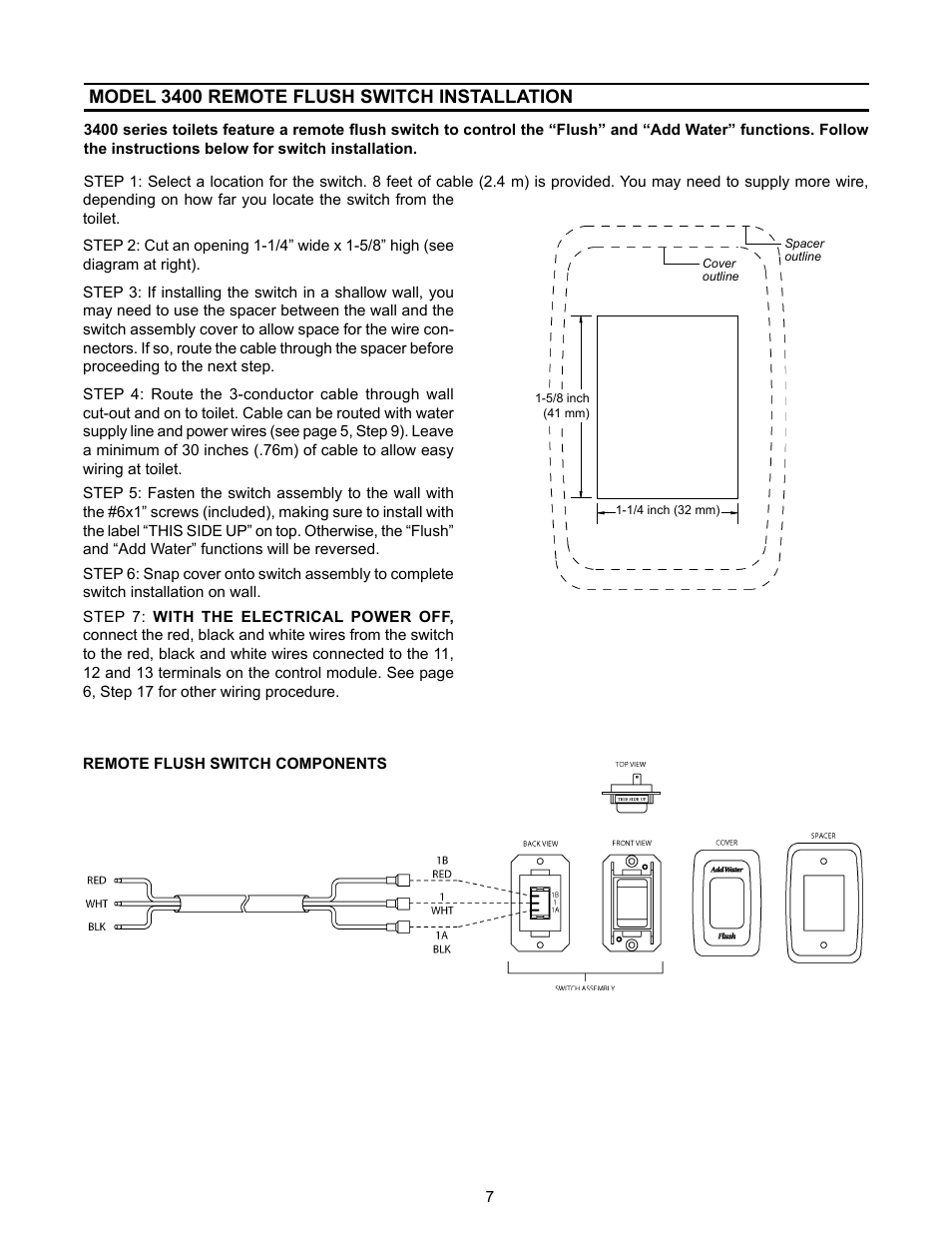 Remote flush switch installation, Model 3400 remote flush switch installation | SeaLand 3400 Series All-Ceramic Toilets User Manual | Page 7 / 20