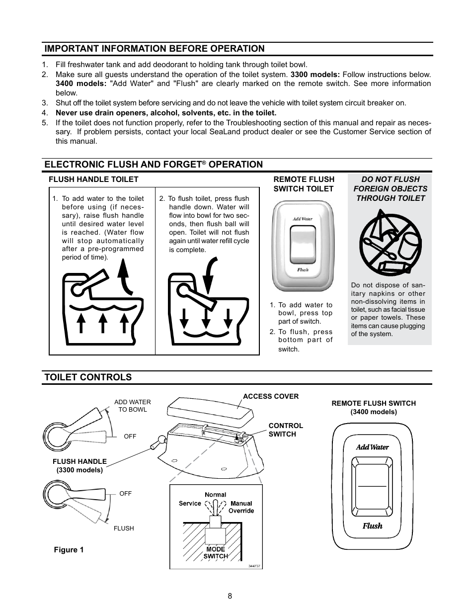 Important information before operation, Electronic flush and forget operation, Toilet controls | Electronic flush and forget, Operation | SeaLand 3400 Series All-Ceramic Toilets User Manual | Page 8 / 20