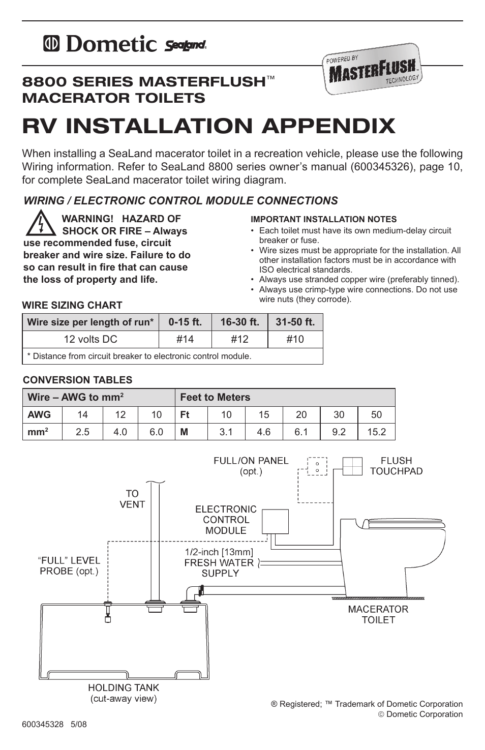 SeaLand 8800 Series MasterFlush - RV Installation Appendix User Manual | 1 page