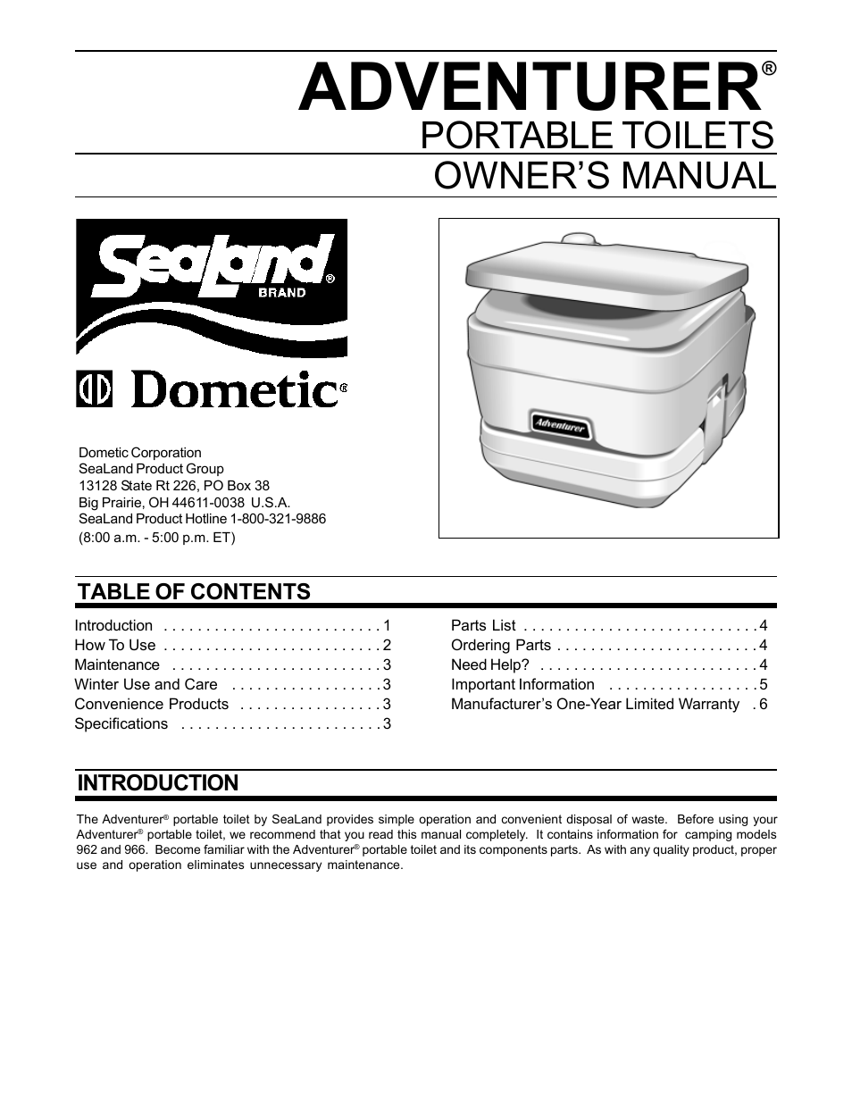 SeaLand Adventurer Portable Toilet User Manual | 6 pages