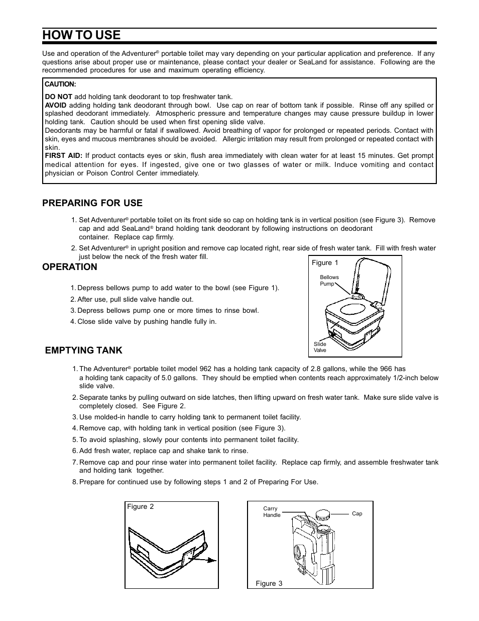 How to use, Preparing for use operation, Emptying tank | SeaLand Adventurer Portable Toilet User Manual | Page 2 / 6