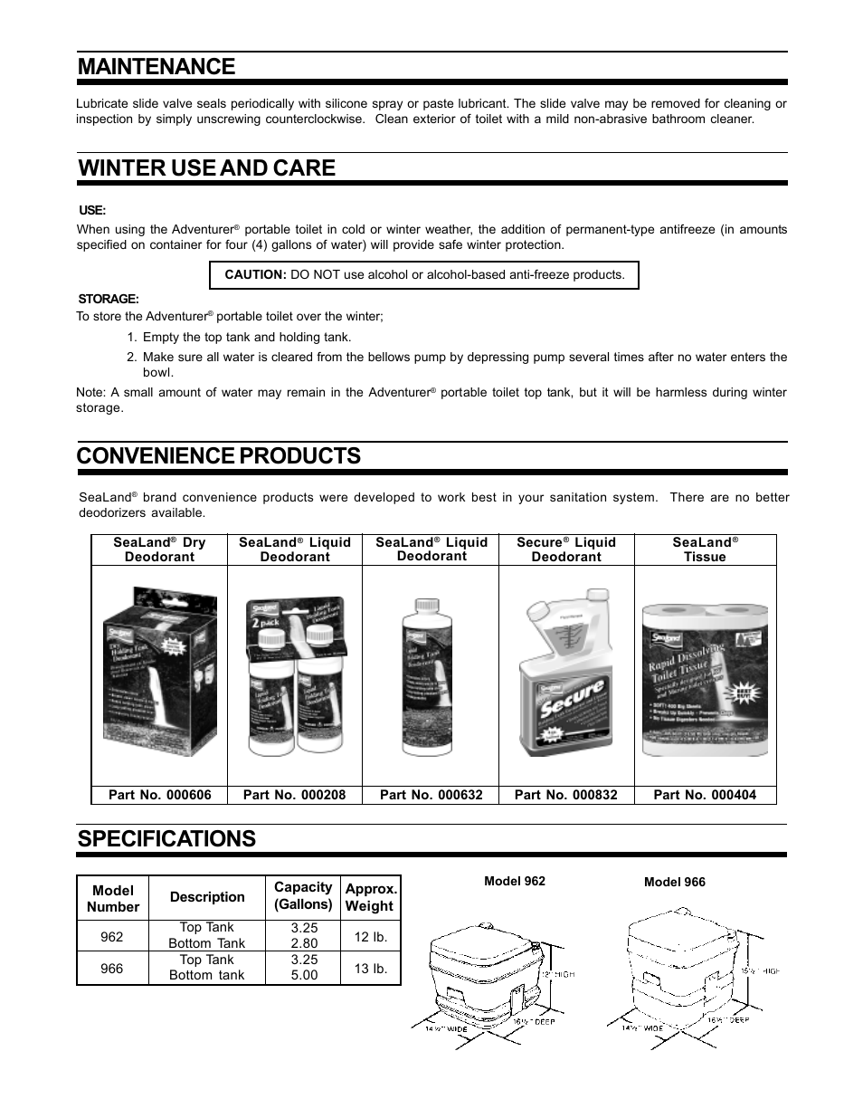 Specifications, Winter use and care, Convenience products | Maintenance | SeaLand Adventurer Portable Toilet User Manual | Page 3 / 6