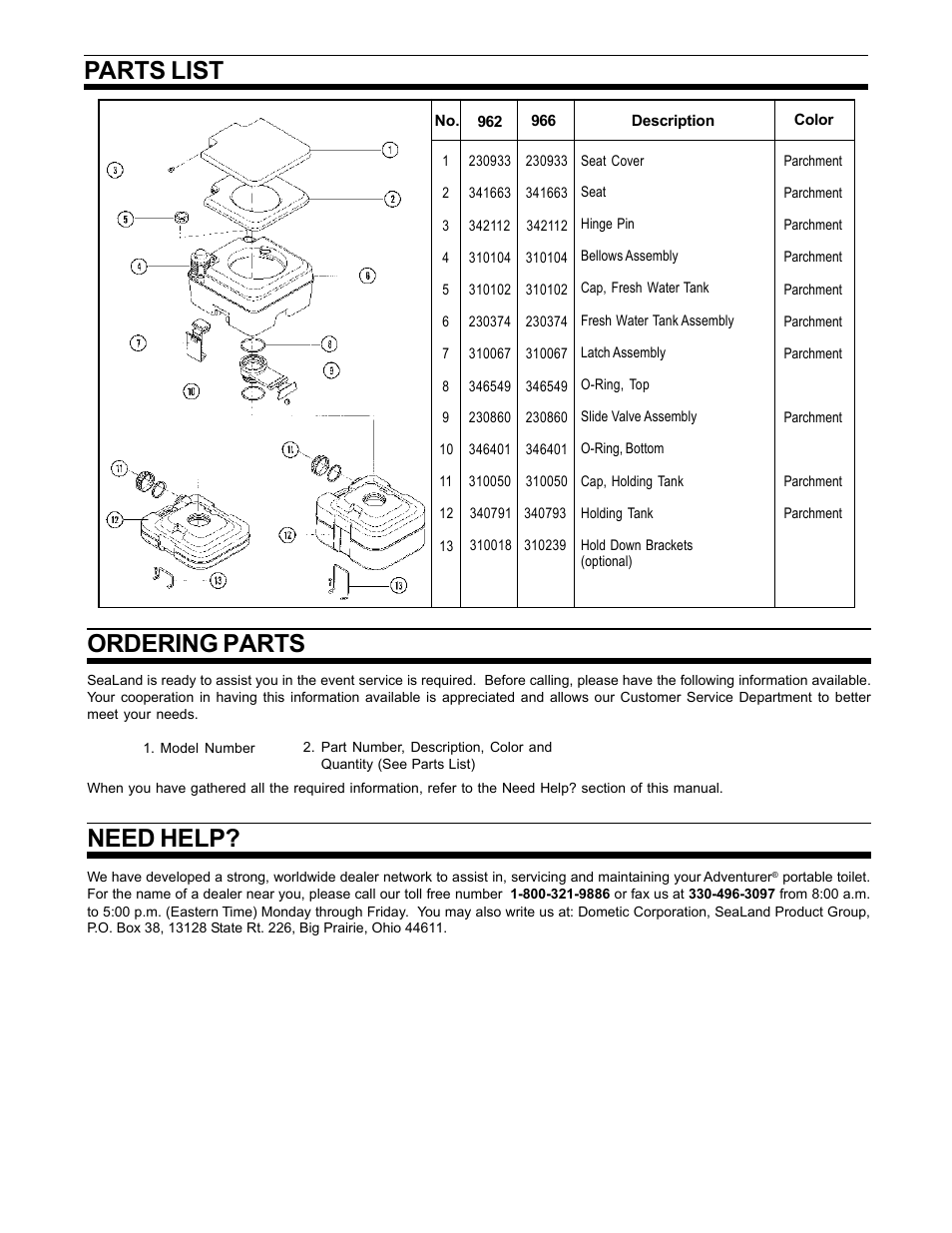 Parts list, Ordering parts, Need help | SeaLand Adventurer Portable Toilet User Manual | Page 4 / 6