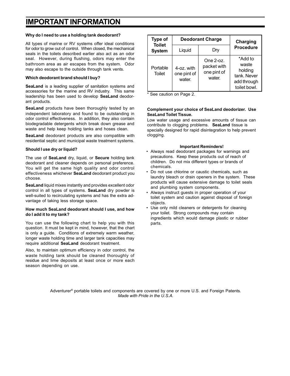 Important information | SeaLand Adventurer Portable Toilet User Manual | Page 5 / 6