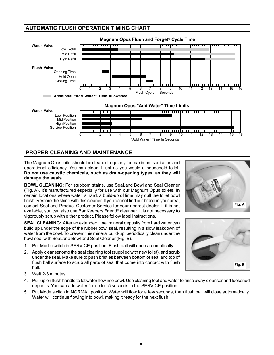 Automatic flush timing chart, Proper cleaning - toilet bowl and seal, Automatic flush operation timing chart | Proper cleaning and maintenance | SeaLand Magnum Opus 3000 Series Toilets User Manual | Page 5 / 16
