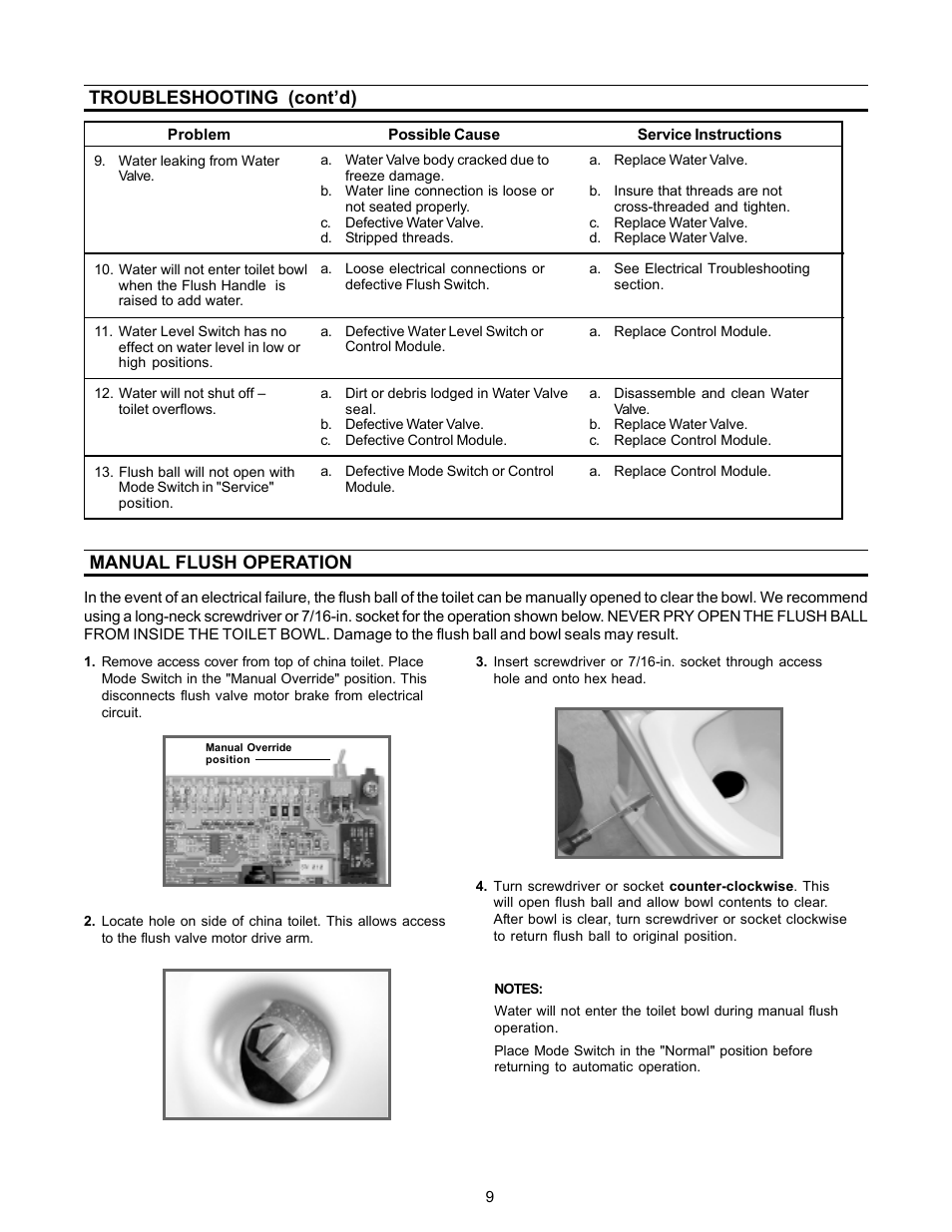 Manual flush operation, Troubleshooting (cont’d) | SeaLand Magnum Opus 3000 Series Toilets User Manual | Page 9 / 16