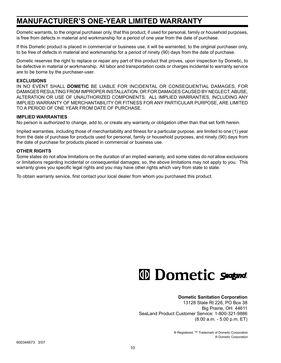 Manufacturer’s one-year limited warranty | SeaLand TankManager User Manual | Page 10 / 12