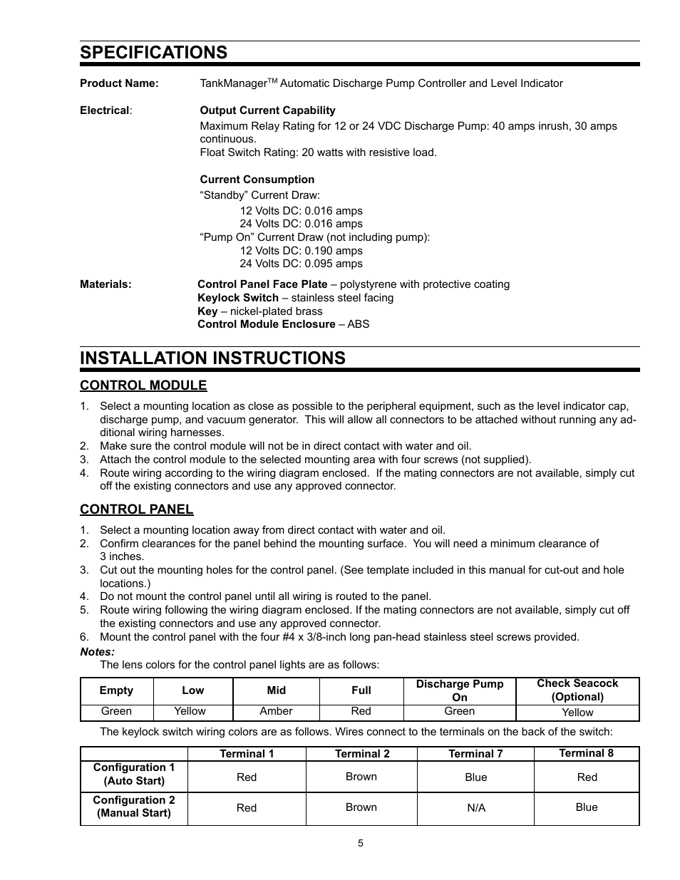 Specifications installation instructions | SeaLand TankManager User Manual | Page 5 / 12