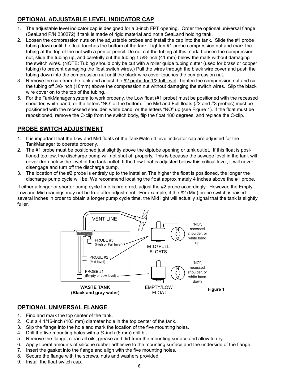 Optional adjustable level indicator cap, Probe switch adjustment, Optional universal flange | SeaLand TankManager User Manual | Page 6 / 12