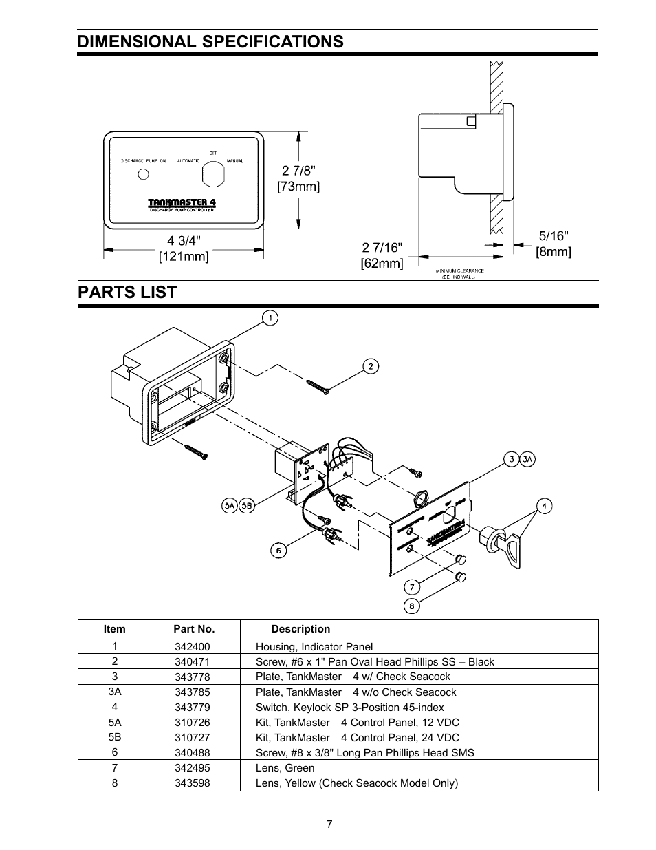 Parts list dimensional specifications | SeaLand TankMaster 6 User Manual | Page 7 / 12