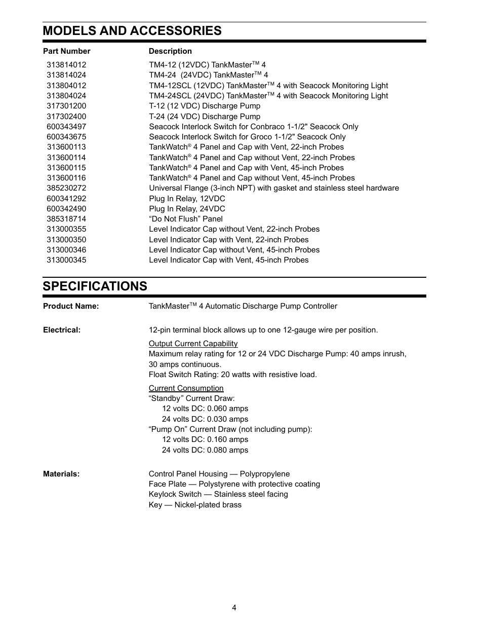 Models and accessories, Specifications | SeaLand TankMaster 4 User Manual | Page 4 / 12