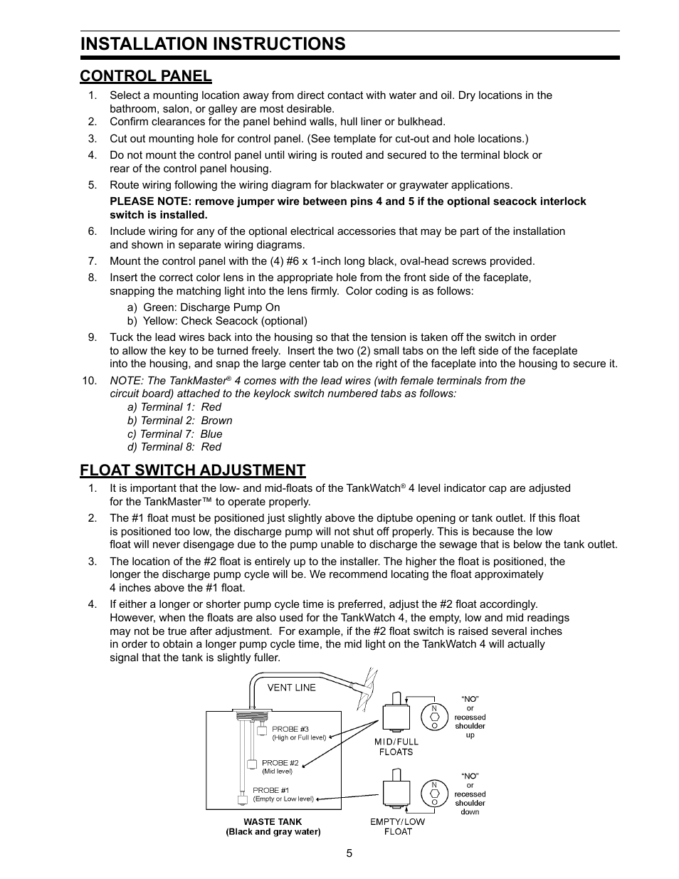 Installation instructions, Control panel, Float switch adjustment | SeaLand TankMaster 4 User Manual | Page 5 / 12