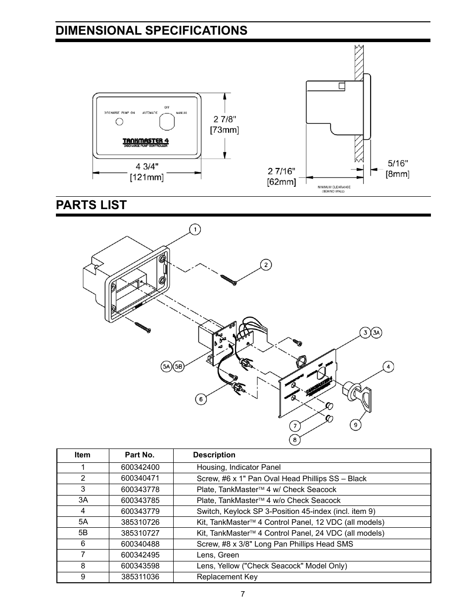 Dimensional specifications, Parts list, Parts list dimensional specifications | SeaLand TankMaster 4 User Manual | Page 7 / 12