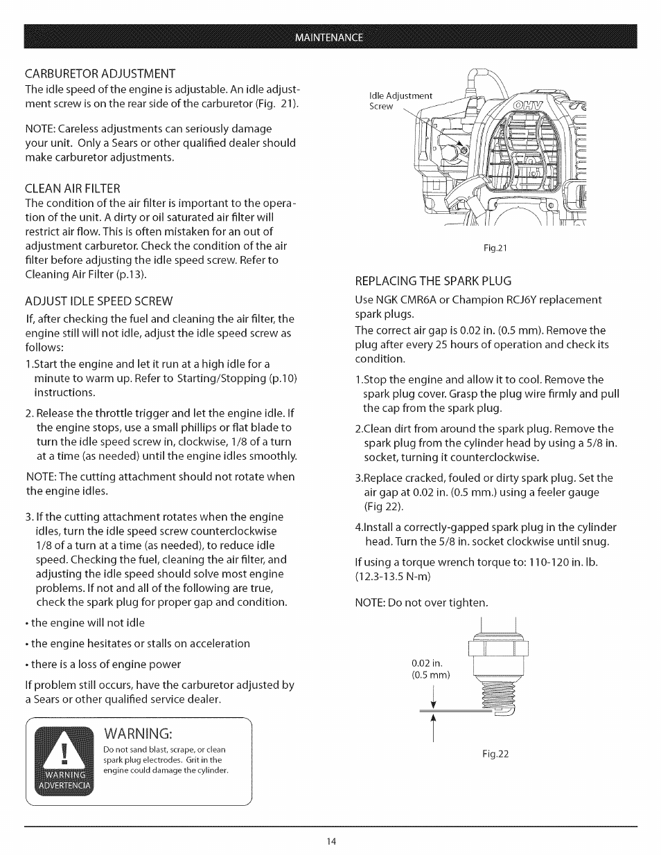 Warning | Craftsman 104.79212 User Manual | Page 14 / 20