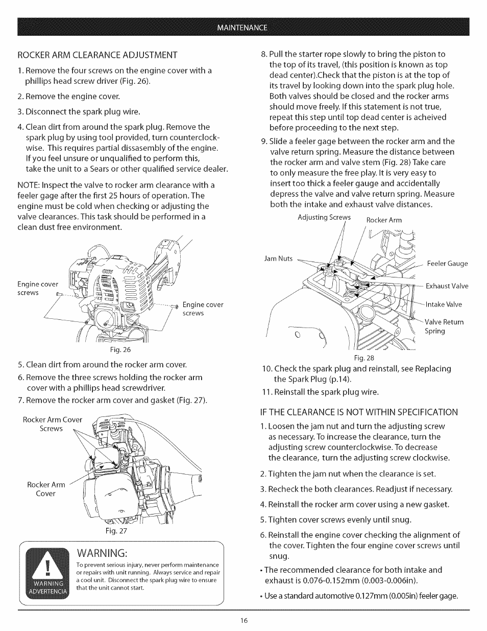 Warning | Craftsman 104.79212 User Manual | Page 16 / 20